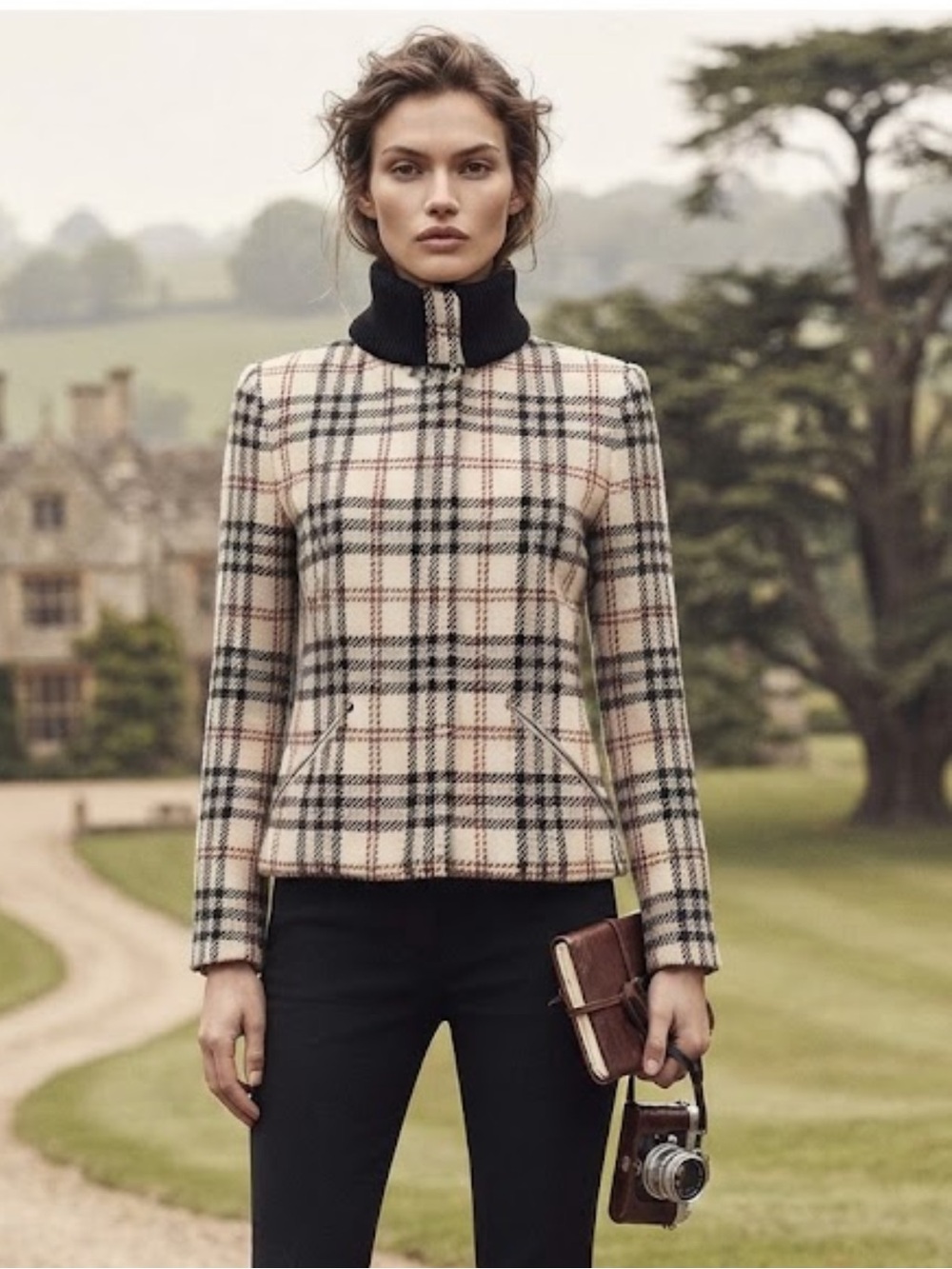 Trousers Etc Wool Plaid Jacket with Black Knit Funnel Collar an Zipper Pockets